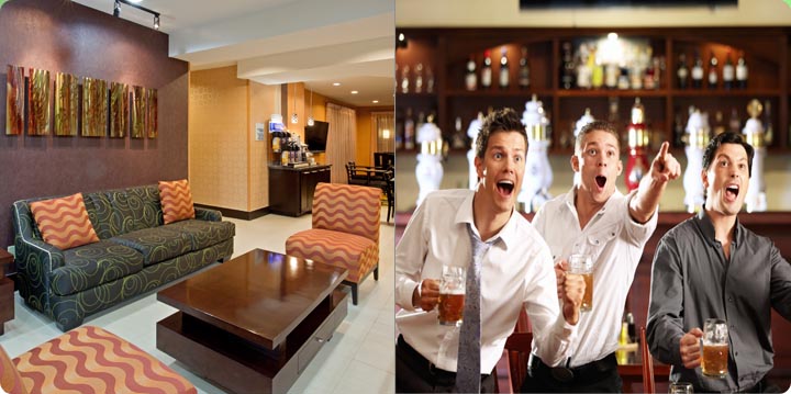 Arlington Texas Hotel Sitting Area Dining friends at bar watching game